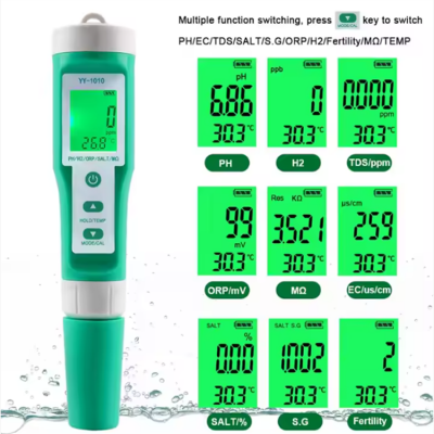 Musktool-YY-1010-10 in 1 Food Salinity Meter PH/ORP/EC/H2 /S.G /TDS/SALT/TEMP/Resistivity Fertilizer Water Quality Tester for Food Aquarium Pool